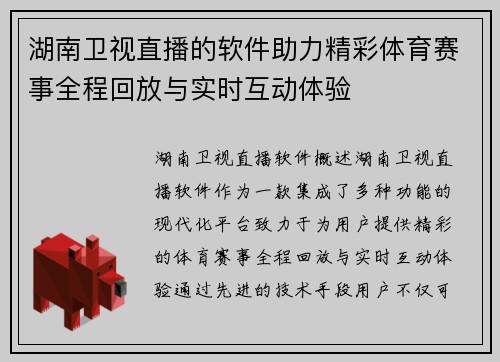 湖南卫视直播的软件助力精彩体育赛事全程回放与实时互动体验