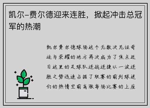凯尔-费尔德迎来连胜，掀起冲击总冠军的热潮